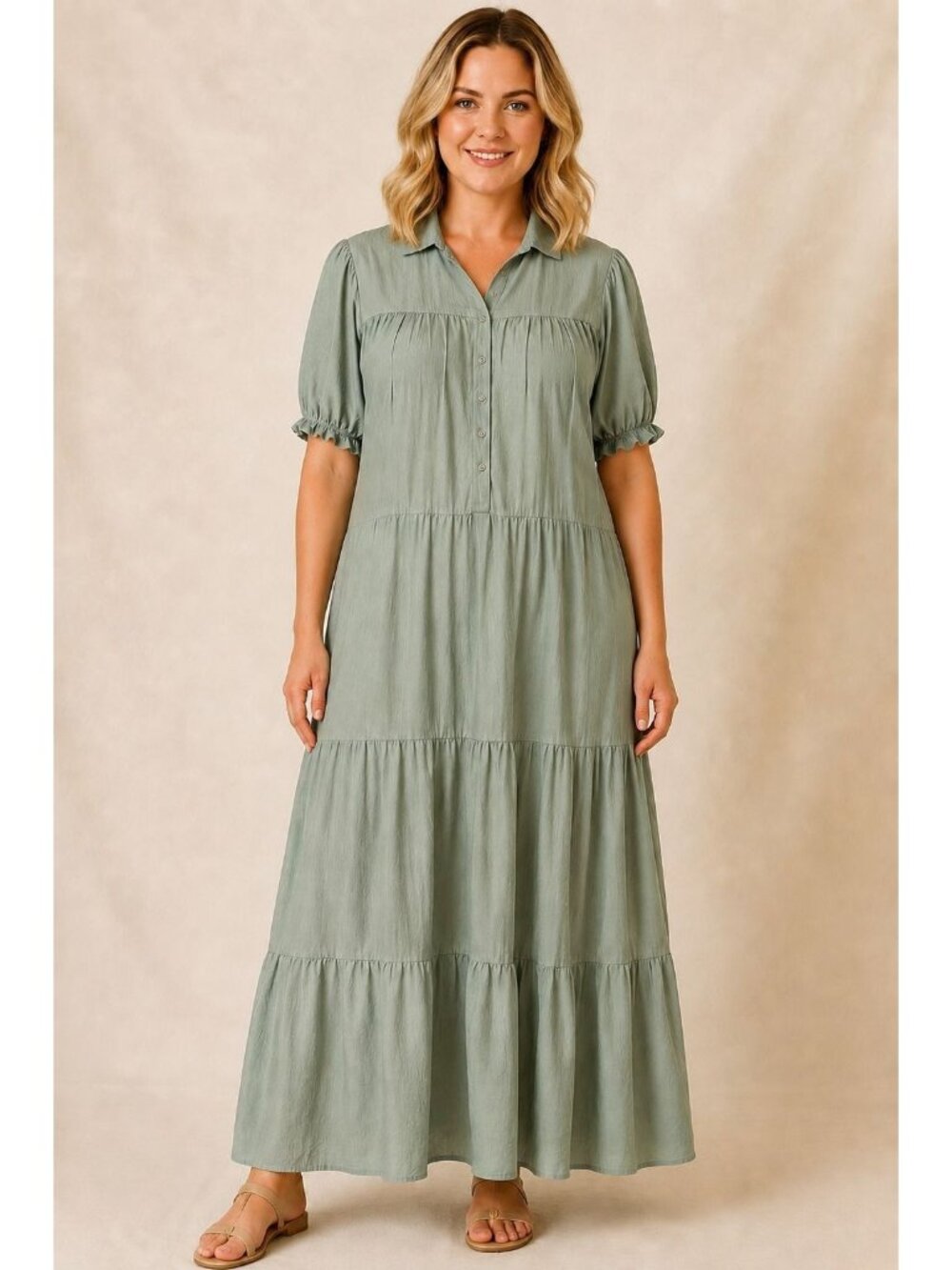 Esby Pippa Tiered Maxi Dress Women’s XL Sage Green Cotton Gauze Lagenlook